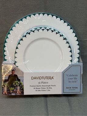 David Tutera set of 36 plates heavyweight plastic w/ turquoise scallop edges